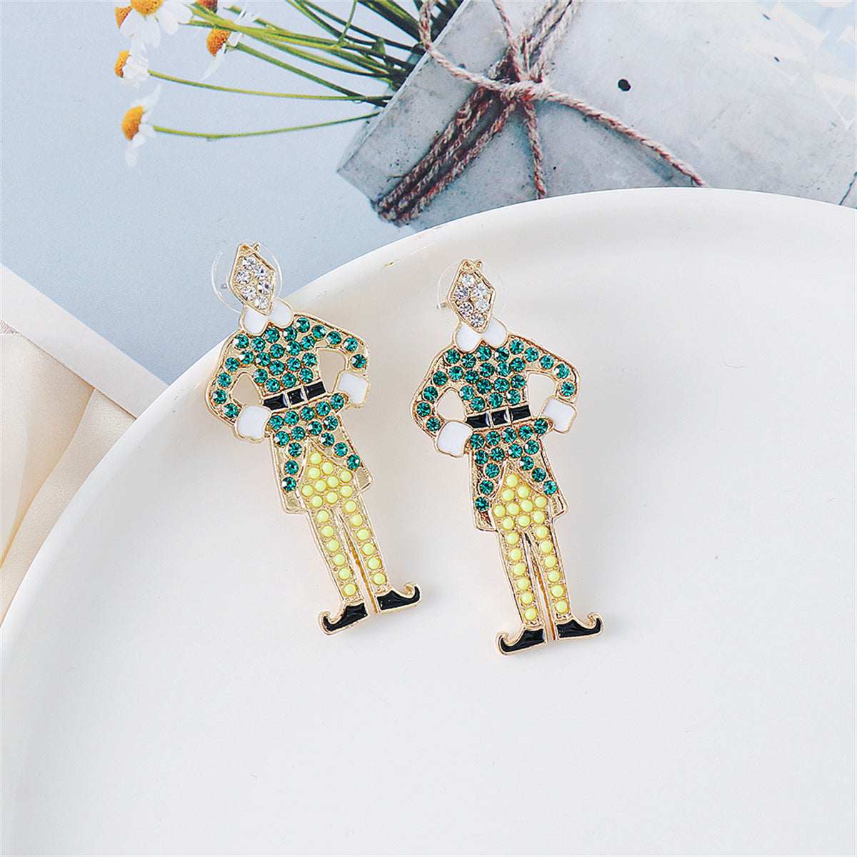 Green Cubic Zirconia & Goldtone Elf Drop Earrings