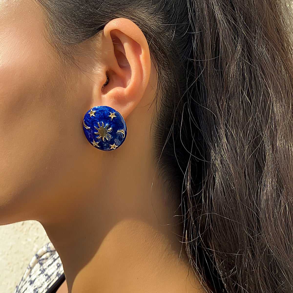 Blue Enamel & Goldtone Celestial Oval Stud Earrings
