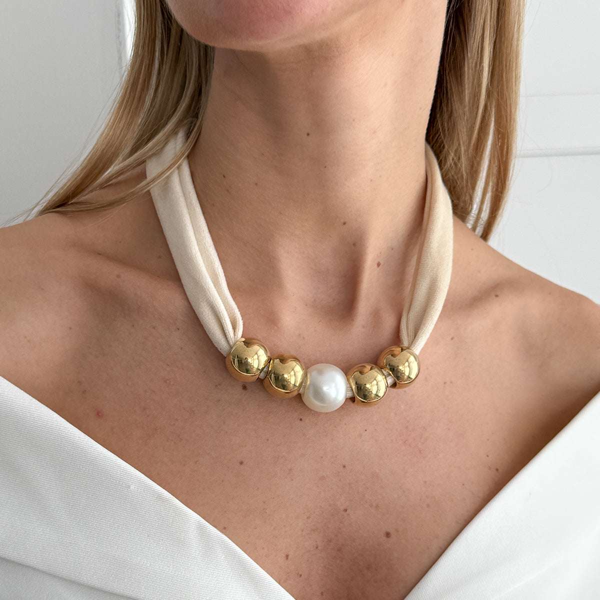 Beige Polyster & Pearl Goldtone Ball Collar Necklace