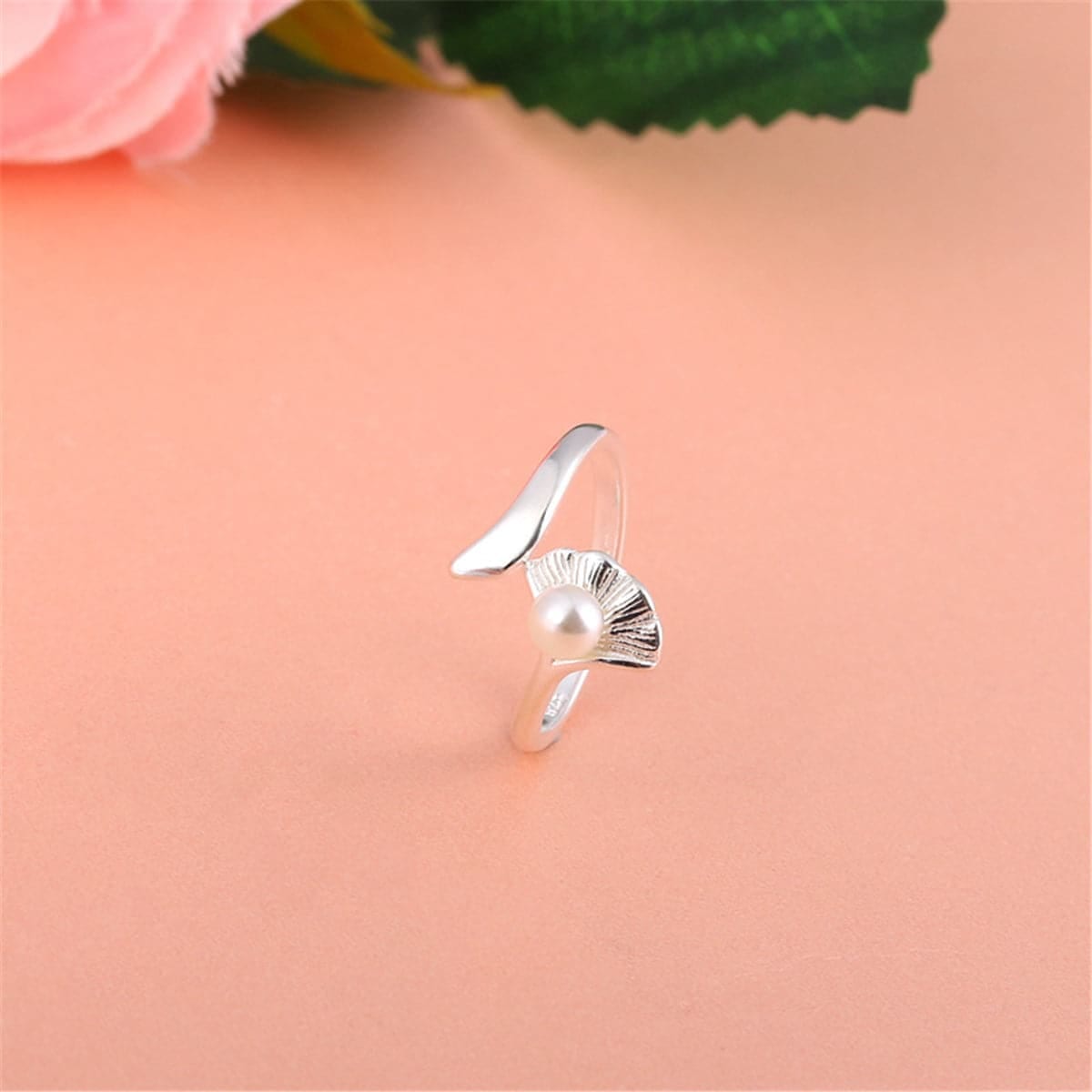 Pearl & Silvertone Ginkgo Leaf Bypass Ring