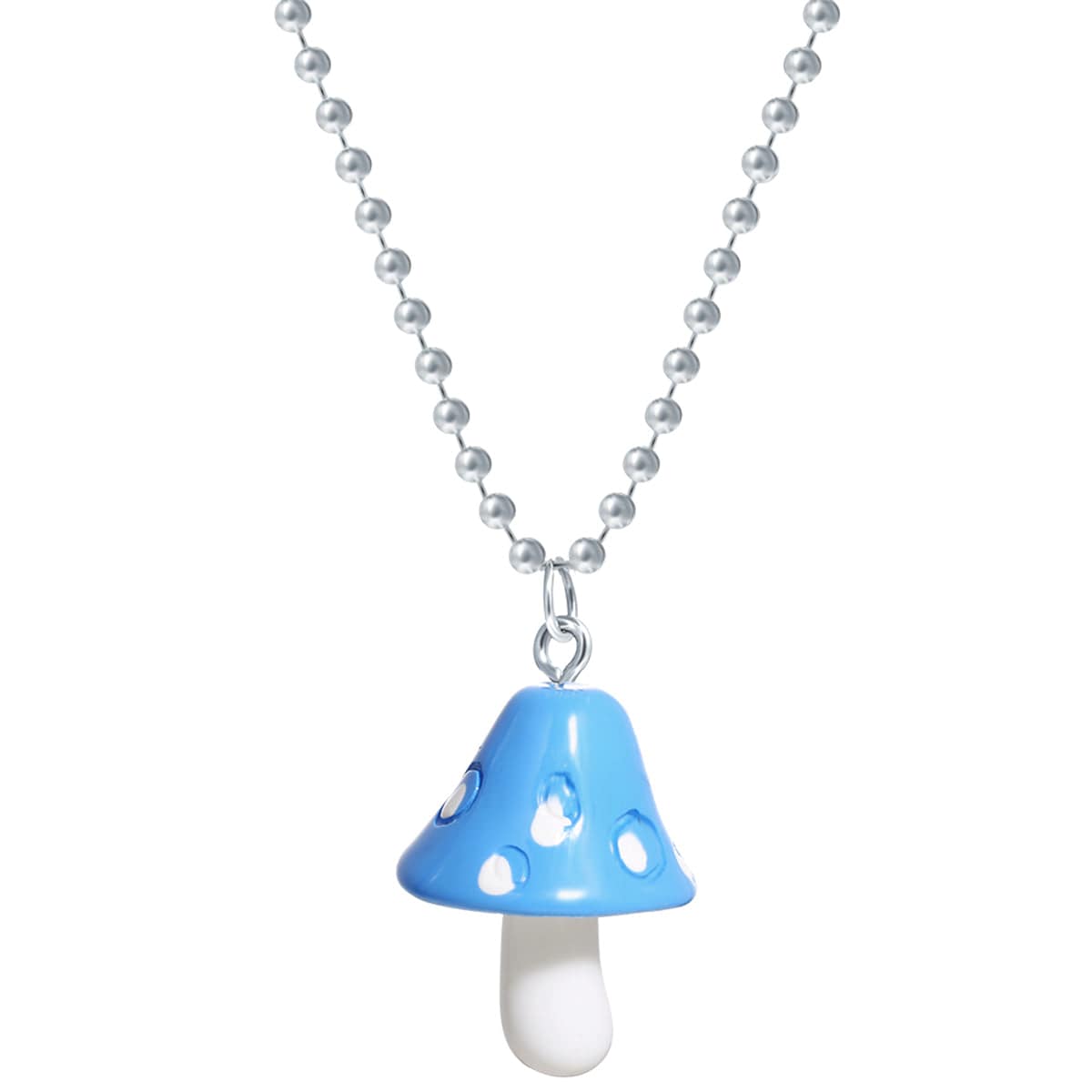 Blue Resin & Silvertone Ball Chain Mushroom Pendant Necklace