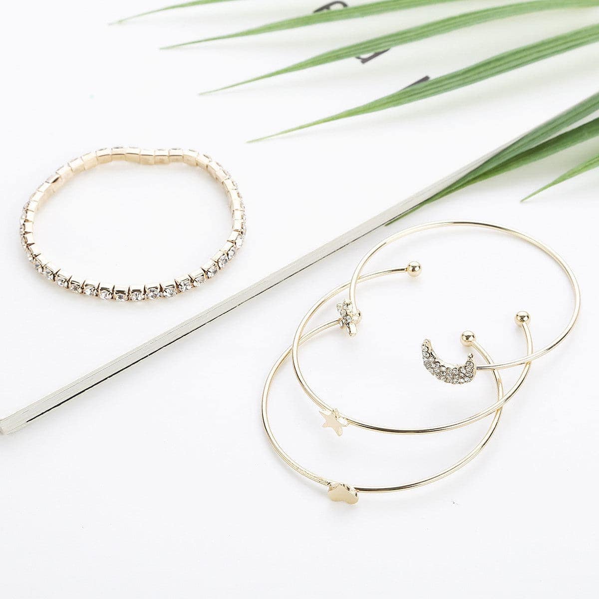 Cubic Zirconia & Goldtone Stars Moon Bangle Cuff Set