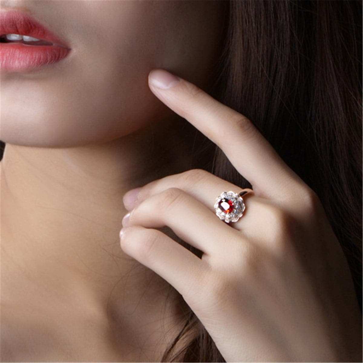 Red Crystal & Cubic Zirconia Rose Goldtone Floral Oval Halo Ring