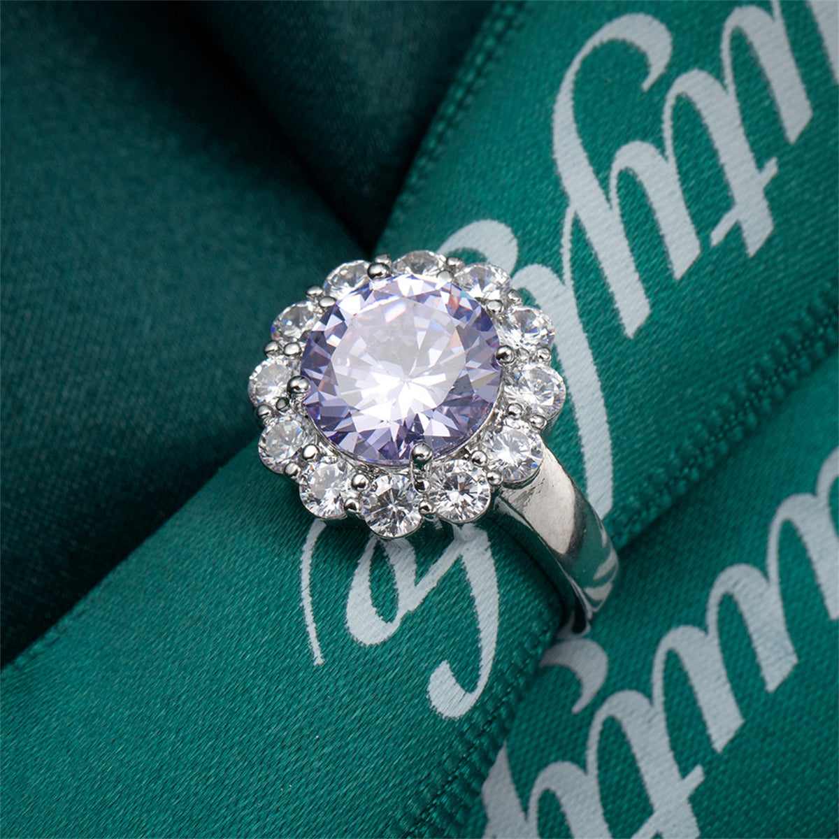 Blue Crystal & Cubic Zirconia Silvertone Halo Ring