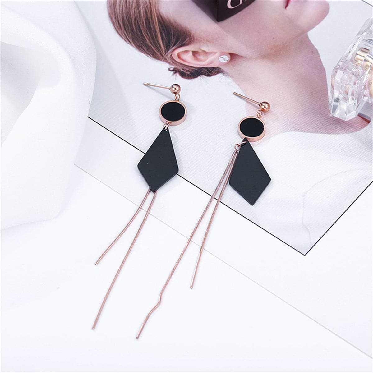 Black & Rose Goldtone Round & Rhombus Drop Earrings