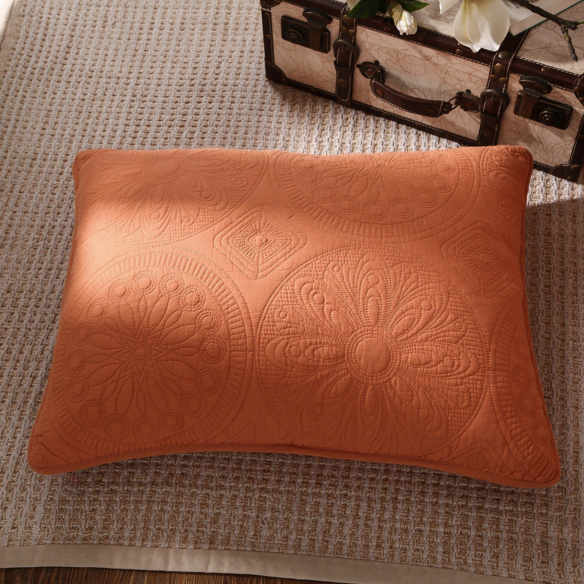 Tache Cotton Stone Washed Rustic Orange Medallion Tuscany Sunrise Pillow Sham (JHW-595)