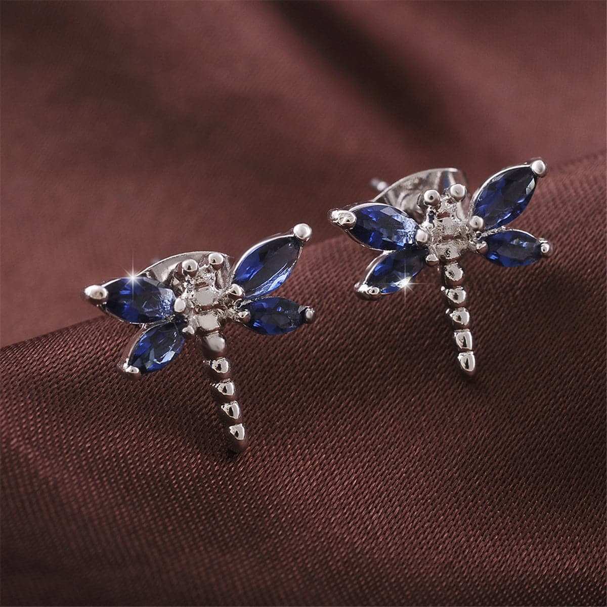 Blue Crystal & Silvertone Dragonfly Stud Earrings
