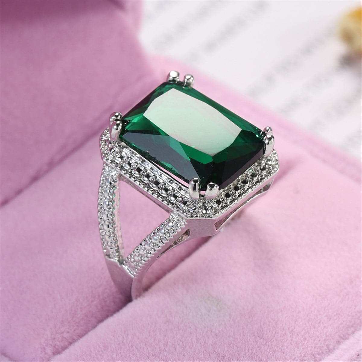 Green Crystal Halo Princess-Cut Ring