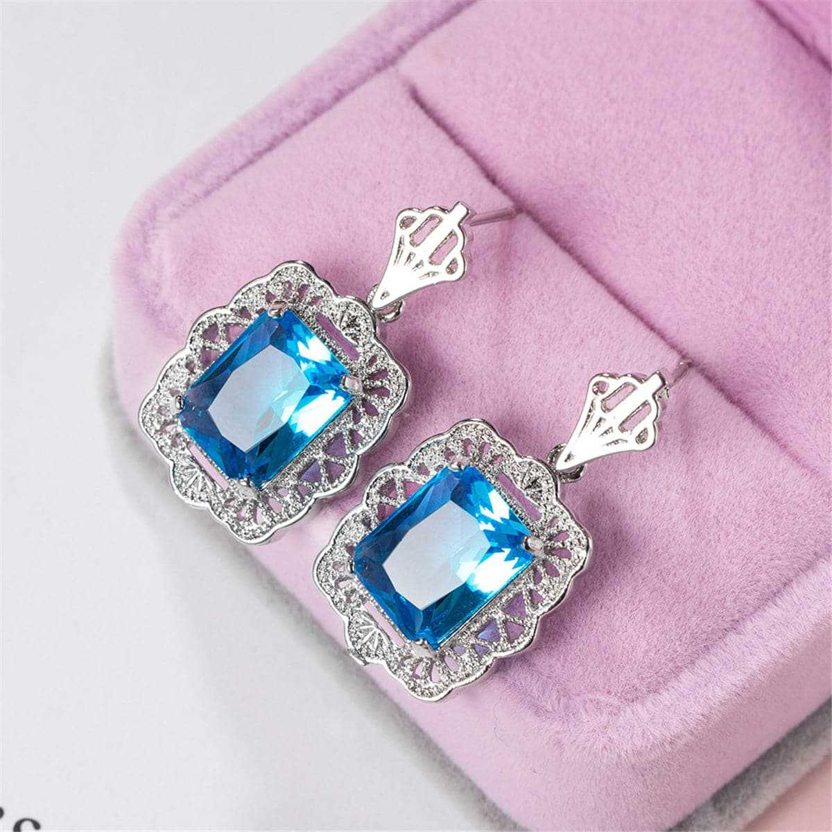 Blue Crystal & Silvertone Floral Radiant-Cut Drop Earrings