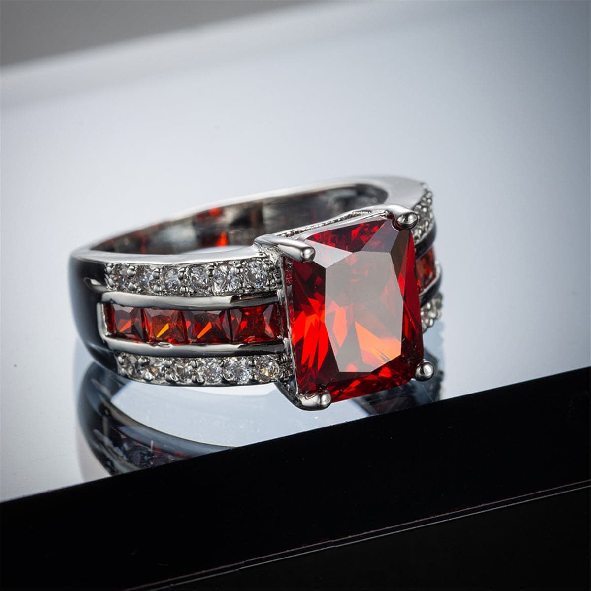 Red Cubic Zirconia & Crystal Three-Row Radient-Cut Ring