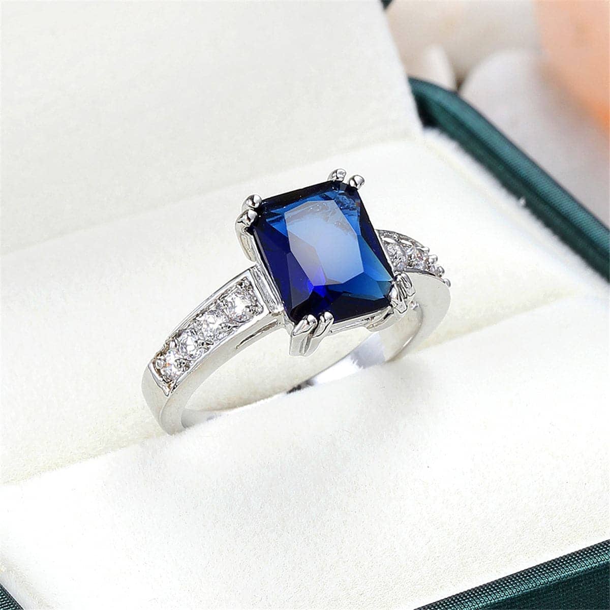 Navy Crystal & Silvertone Rectangle Solitaire Ring