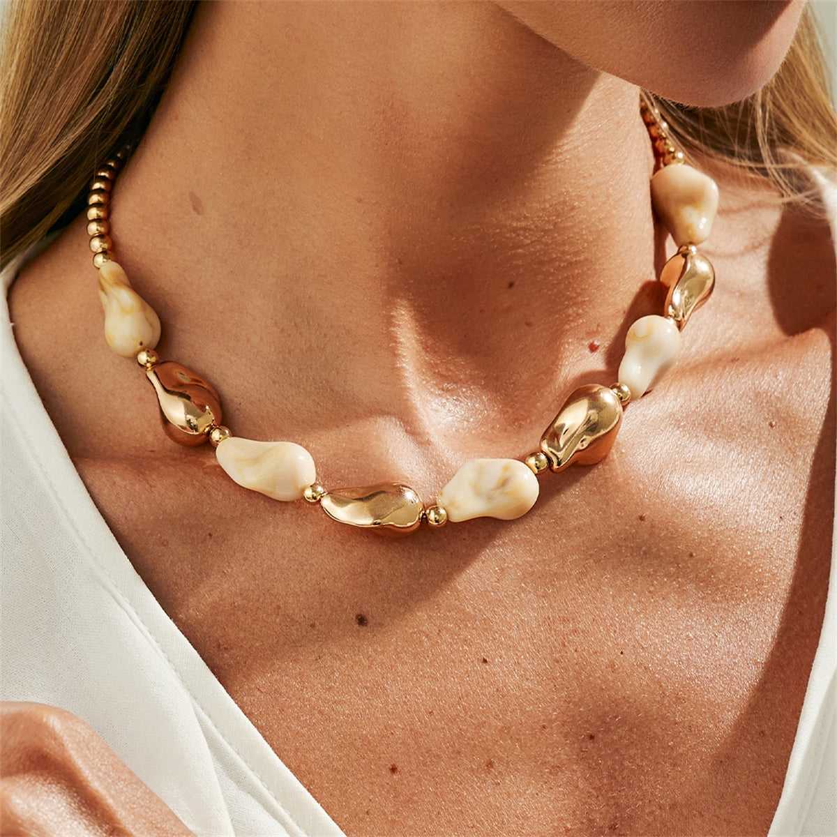 Beige Resin & Goldtone Irregular Drop Station Collar Necklace