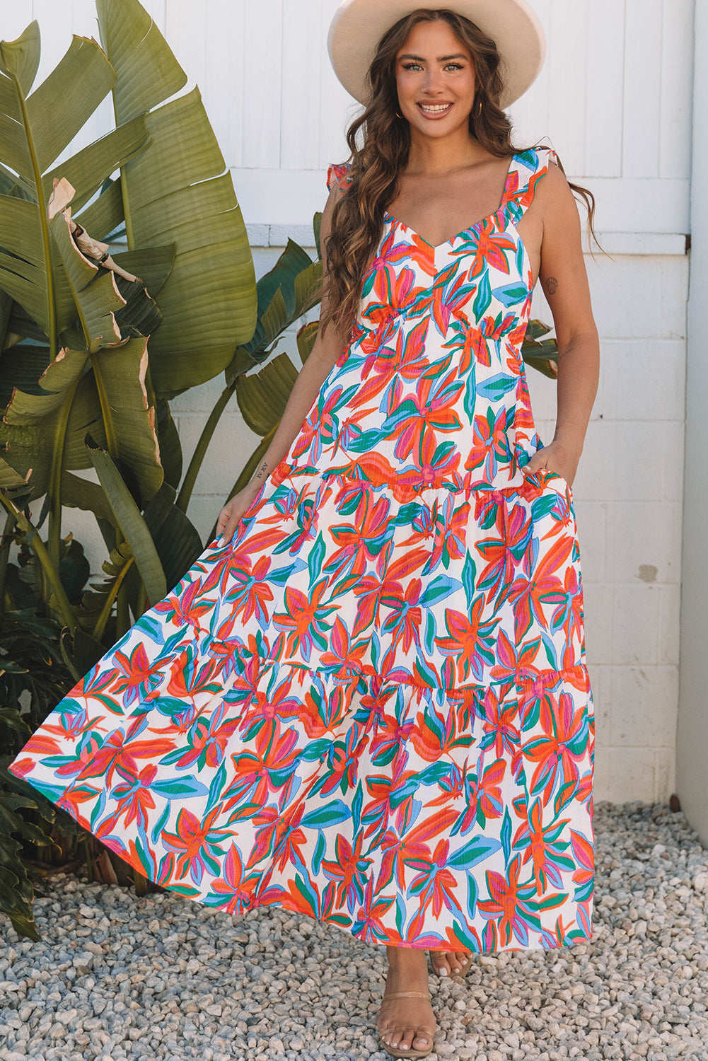 Alice Boho Floral Ruffled Strap Maxi Dress, Red / S