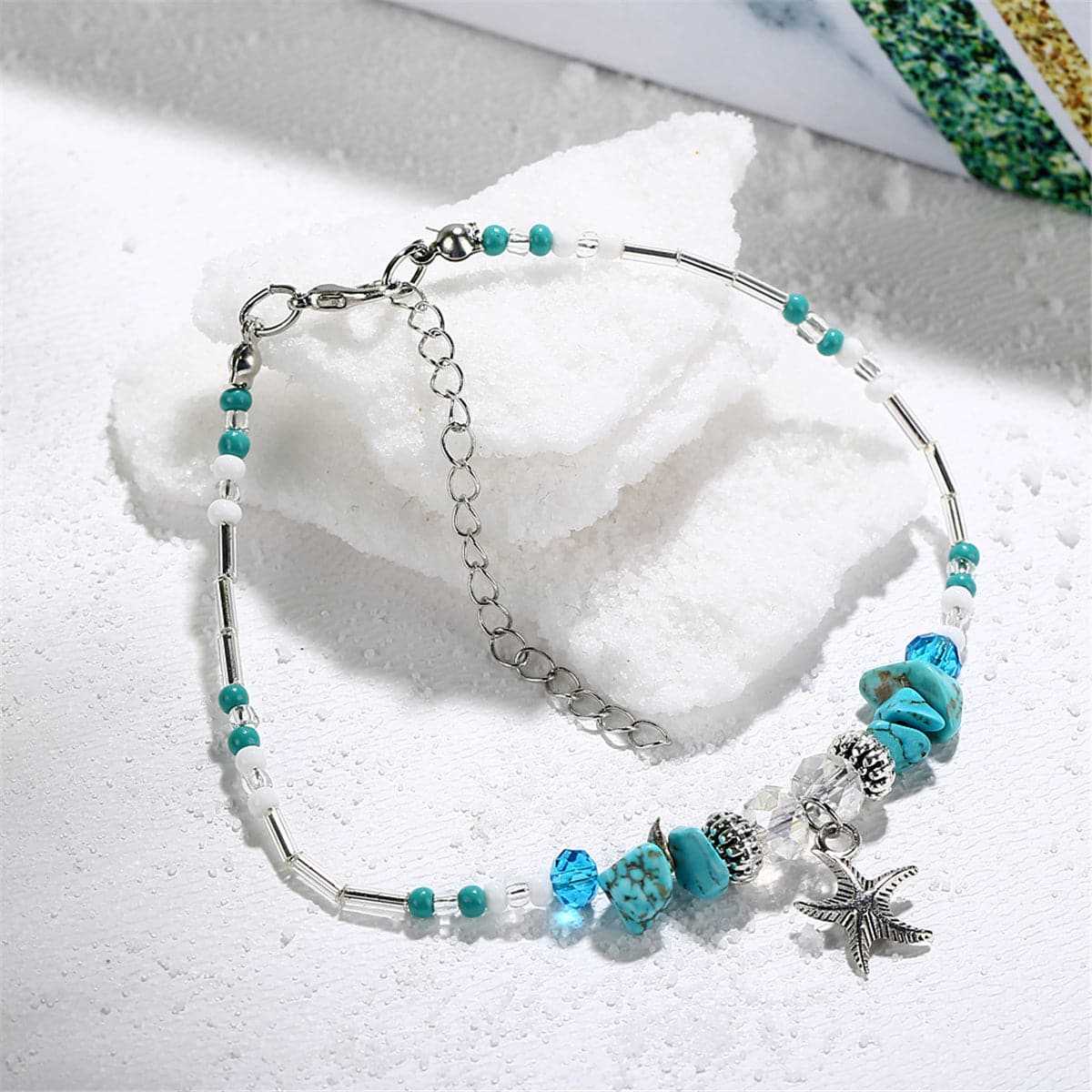 Turquoise & Acrylic Silvertone Beaded Starfish Charm Anklet