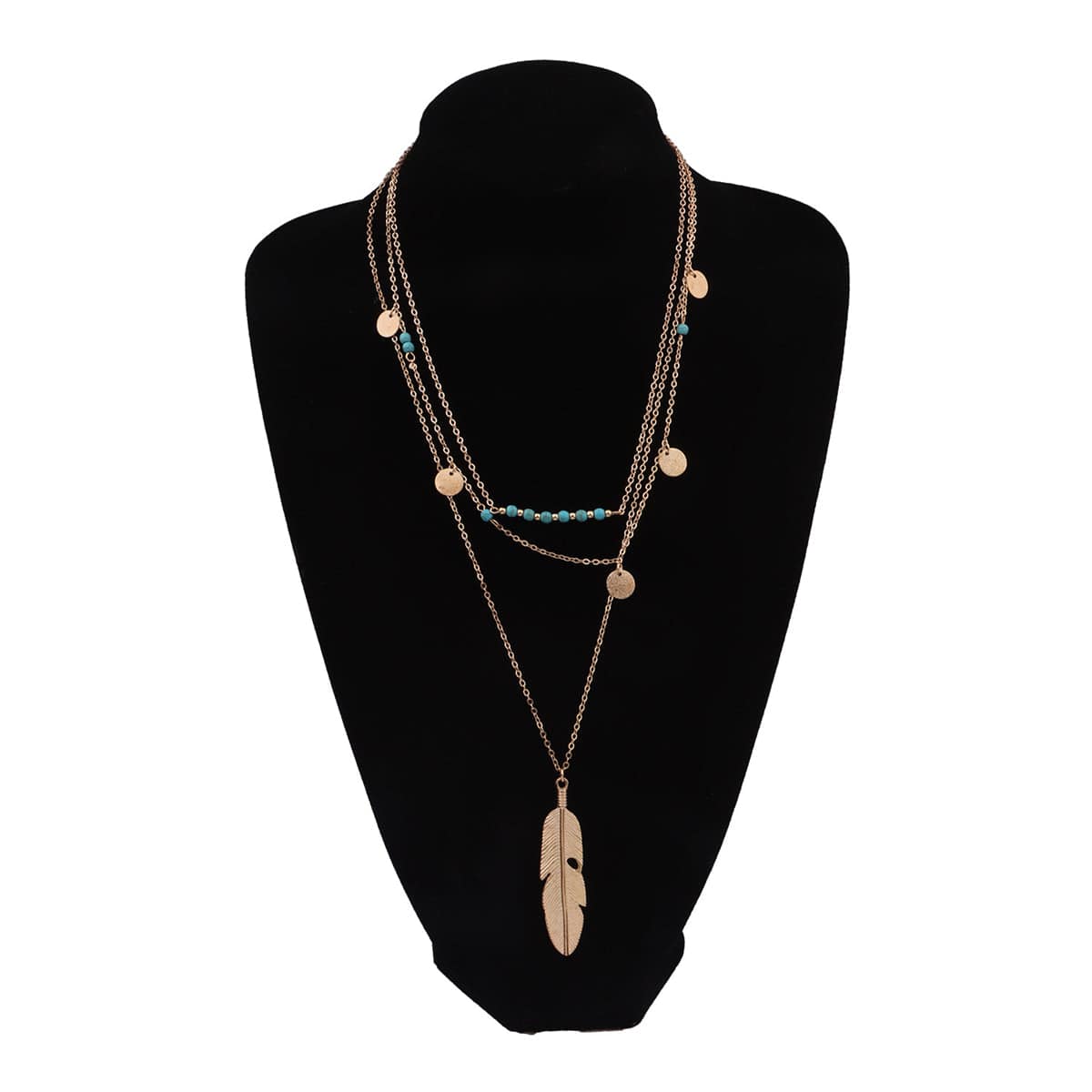 Turquoise & Goldtone Feather Layered Pendant Necklace