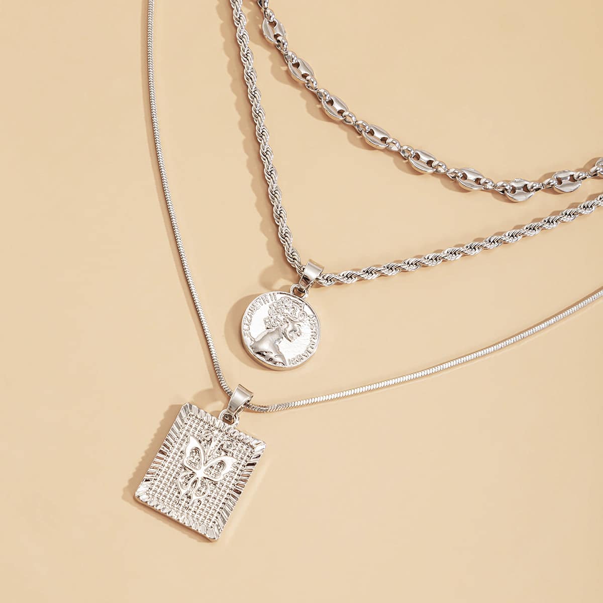 Silvertone Coin & Butterfly Layered Pendant Necklace