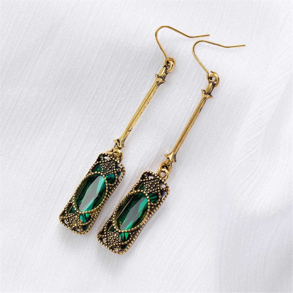 Green Crystal & Goldtone Textured Drop Earrings