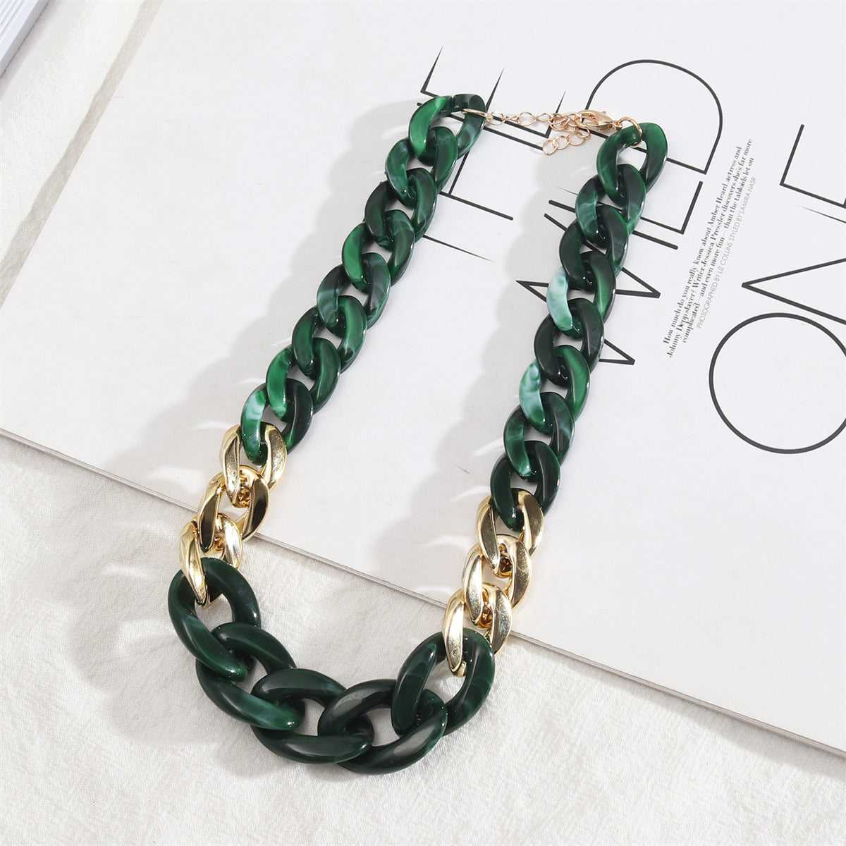 Green Resin & Goldtone Patchwork Curb Chain Necklace