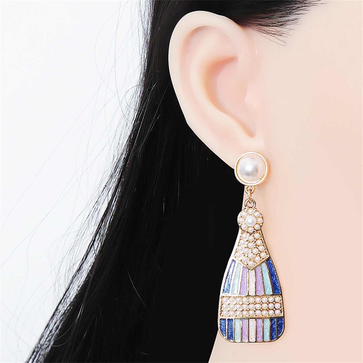 Blue Enamel & Pearl Goldtone Sparkling Champagne Drop Earrings
