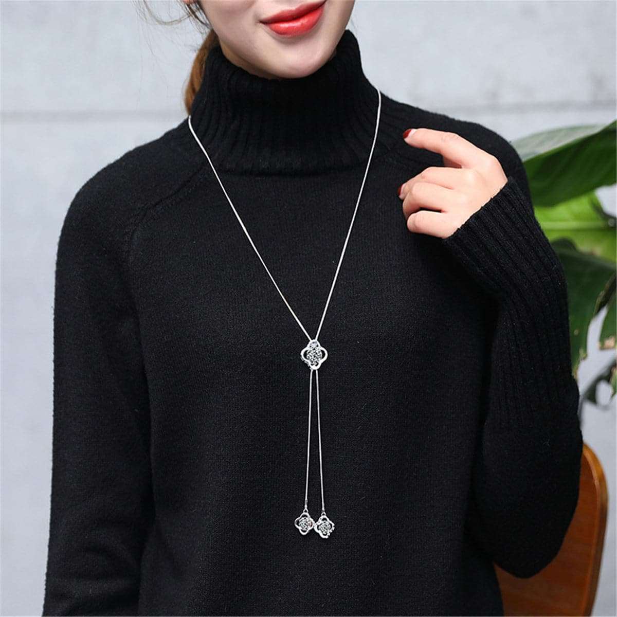 Cubic Zirconia & Silvertone Triple-Clover Pendant Necklace