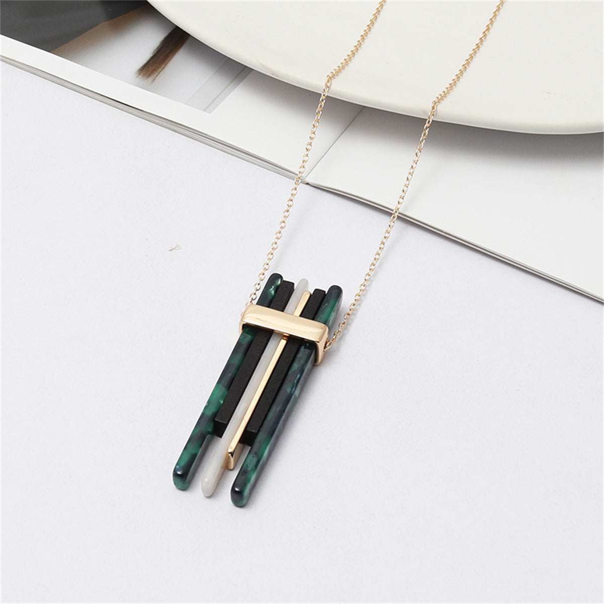Green Resin & Wood Goldtone Pendant Necklace