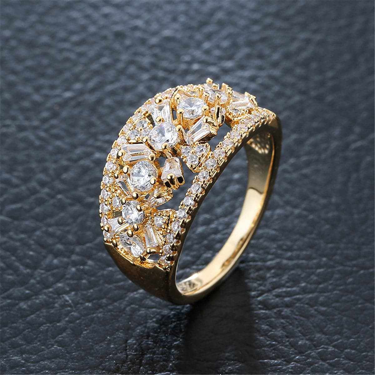 Cubic Zirconia & Crystal Flower Wide-Band Ring