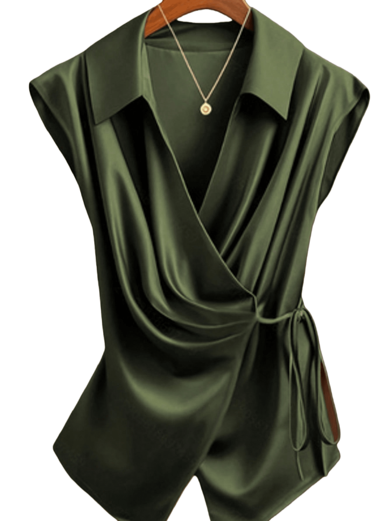 Chic YC Women's Satin Wrap Blouse Spring Summer Elegant Sleeveless Tie-Waist Top ArmyGreen / L