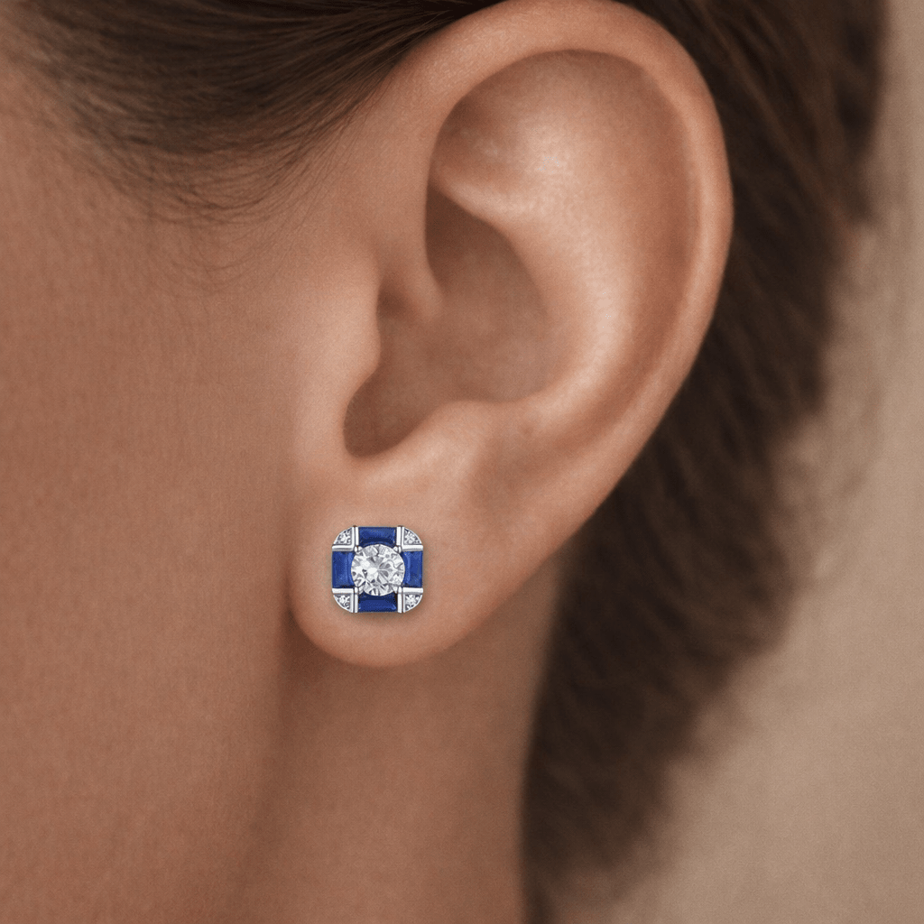 Serling Silver White Gold Plated with Sapphire Blue Cubic Zirconia & Vintage Cushion Geometric Stud Earrings