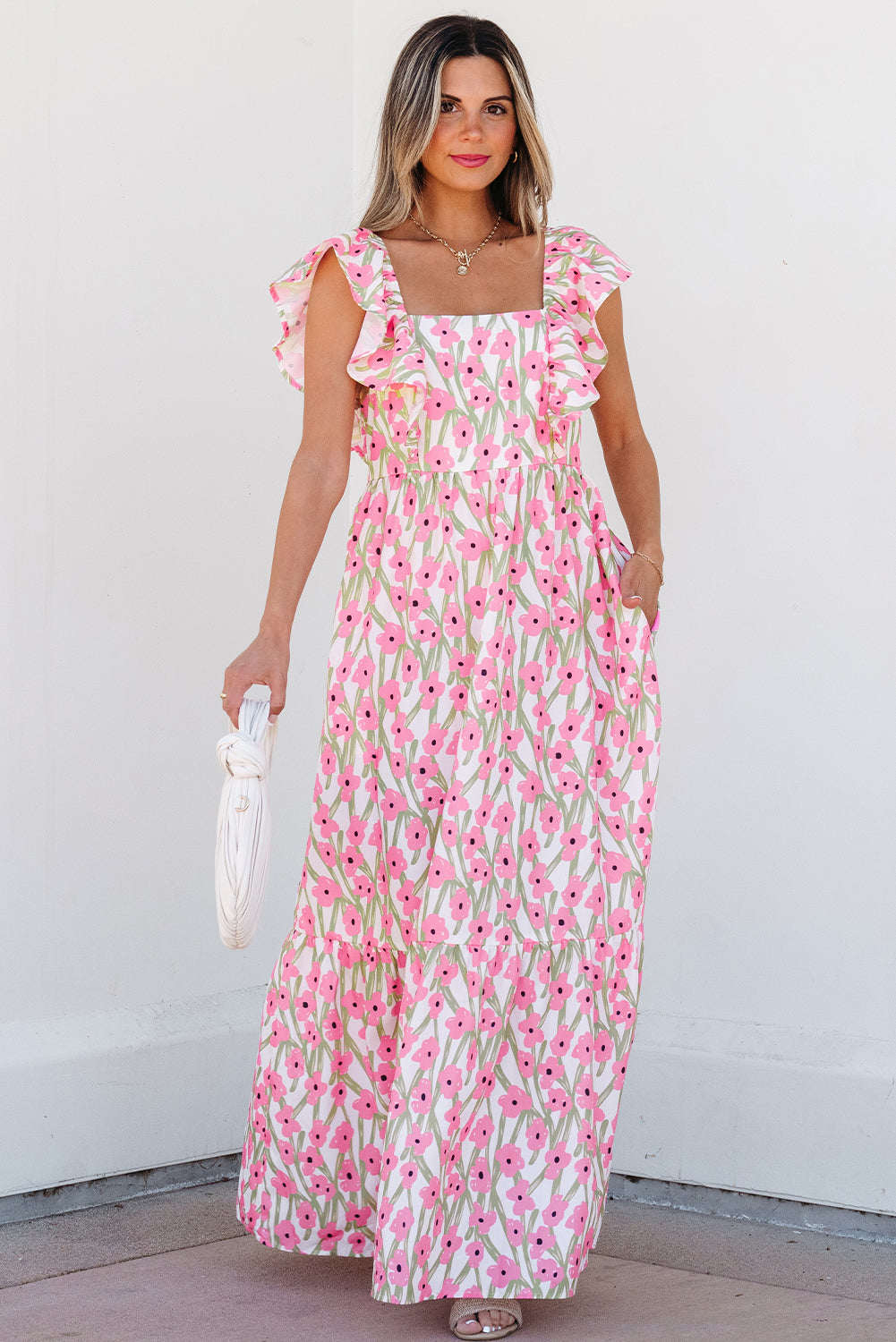 Threaded Pear Angelica Floral Ruffled Strap Maxi Dress