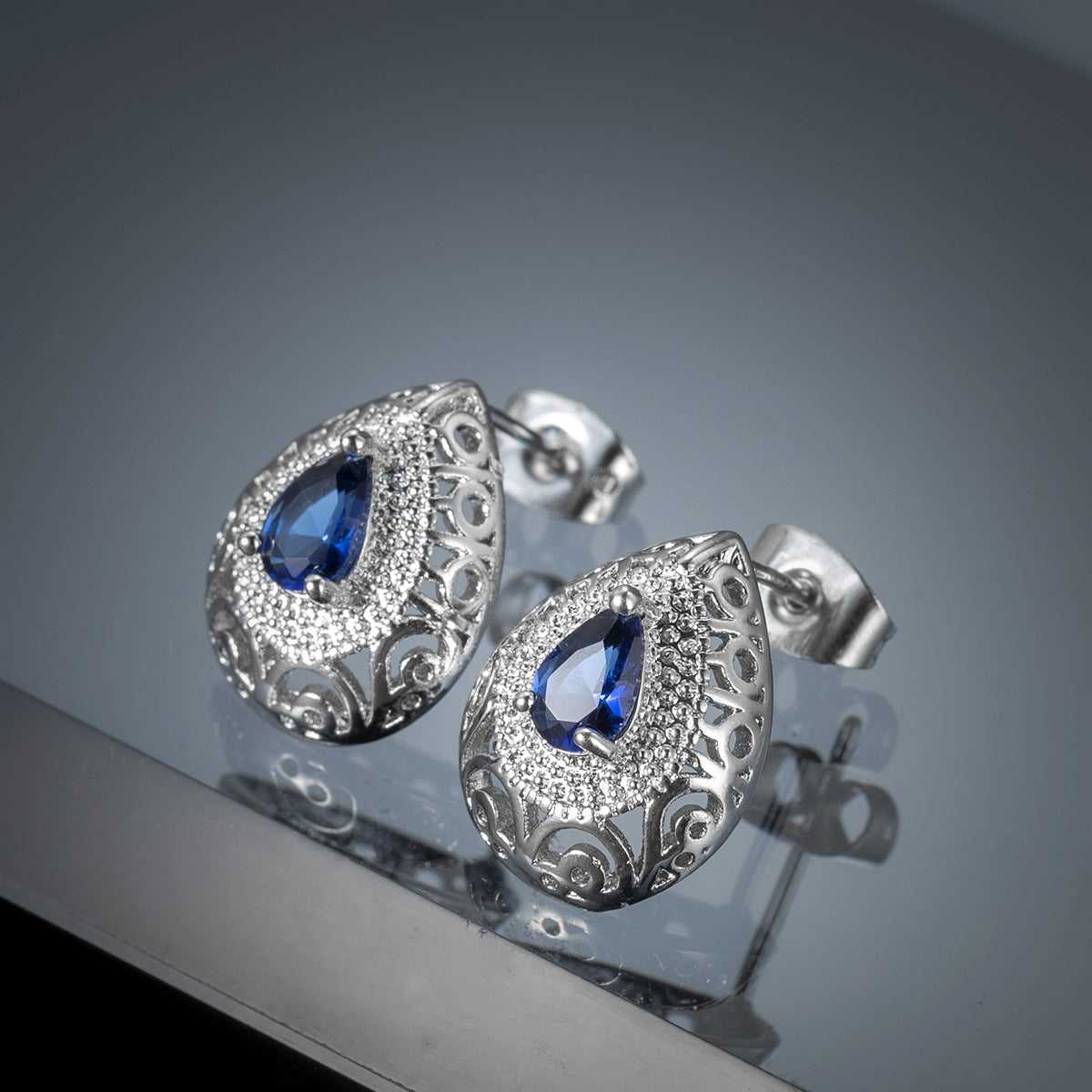 Navy Crystal & Silvertone Filigree Pear-Cut Stud Earrings