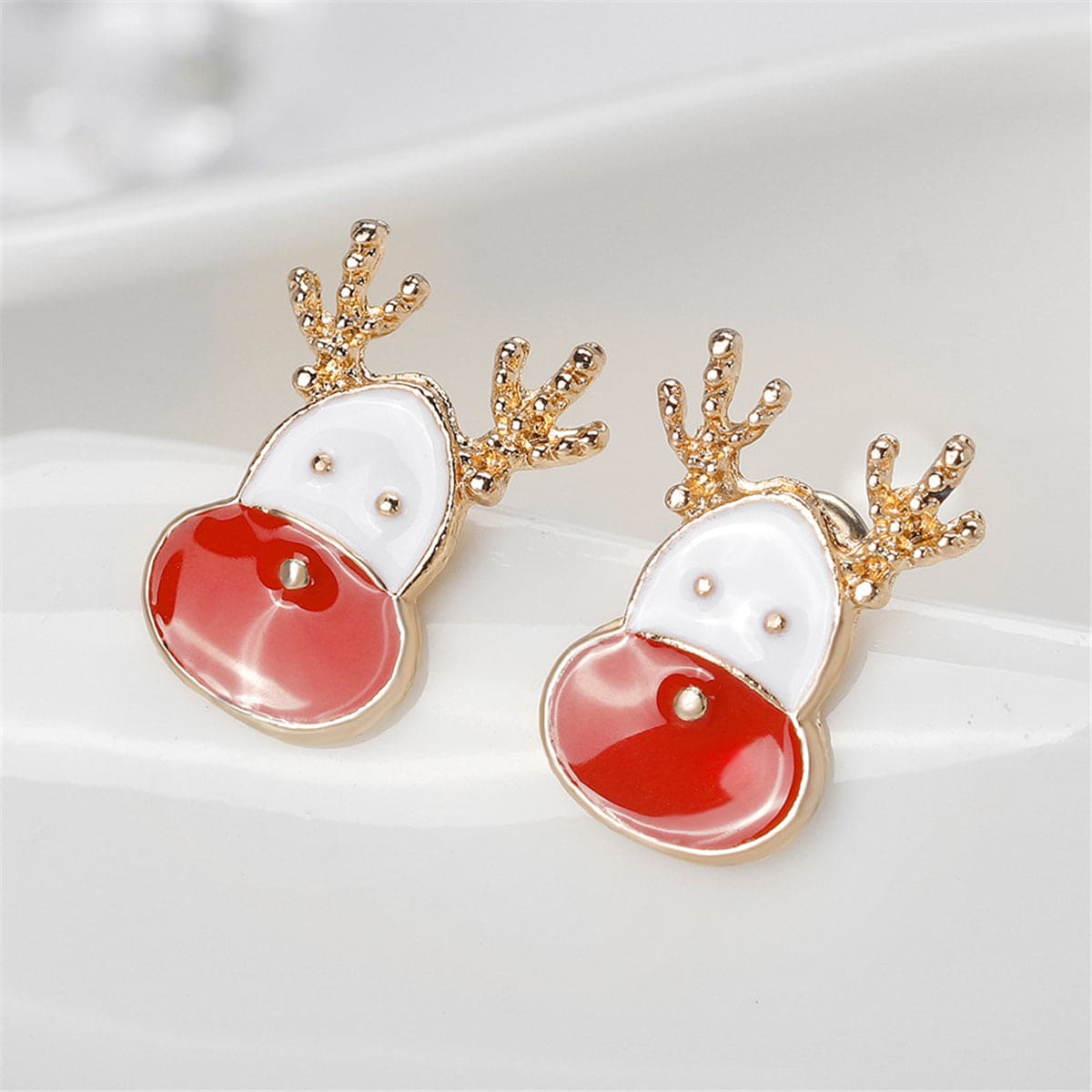 Red Enamel & Goldtone Reindeer Face Stud Earrings