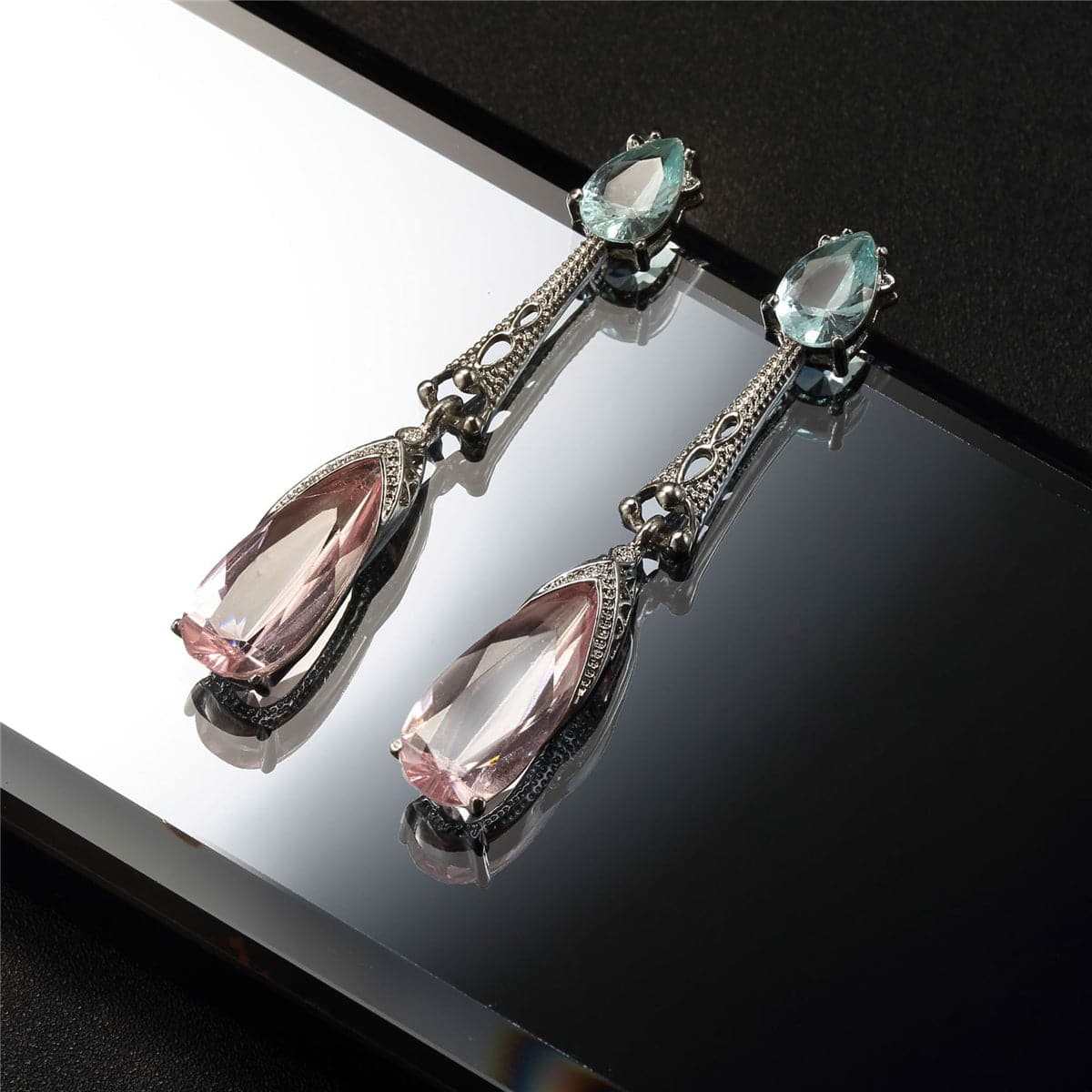 Pink & Silvertone Pear-Cut Drop Earrings