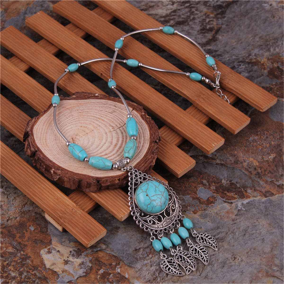 Turquoise & Silvertone Tassel Pendant Necklace
