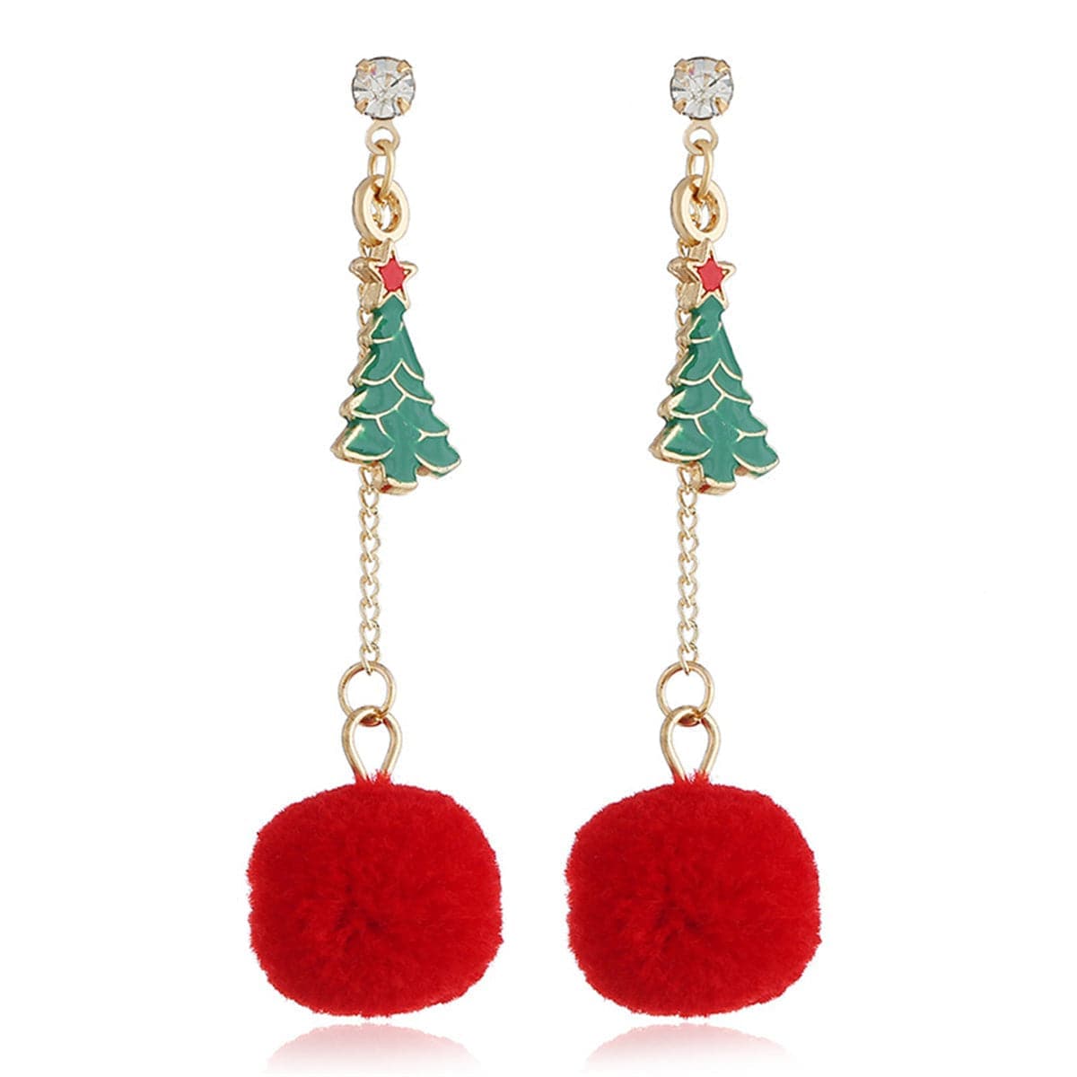 Cubic Zirconia & Goldtone Christmas Tree Pom-Pom Drop Earrings