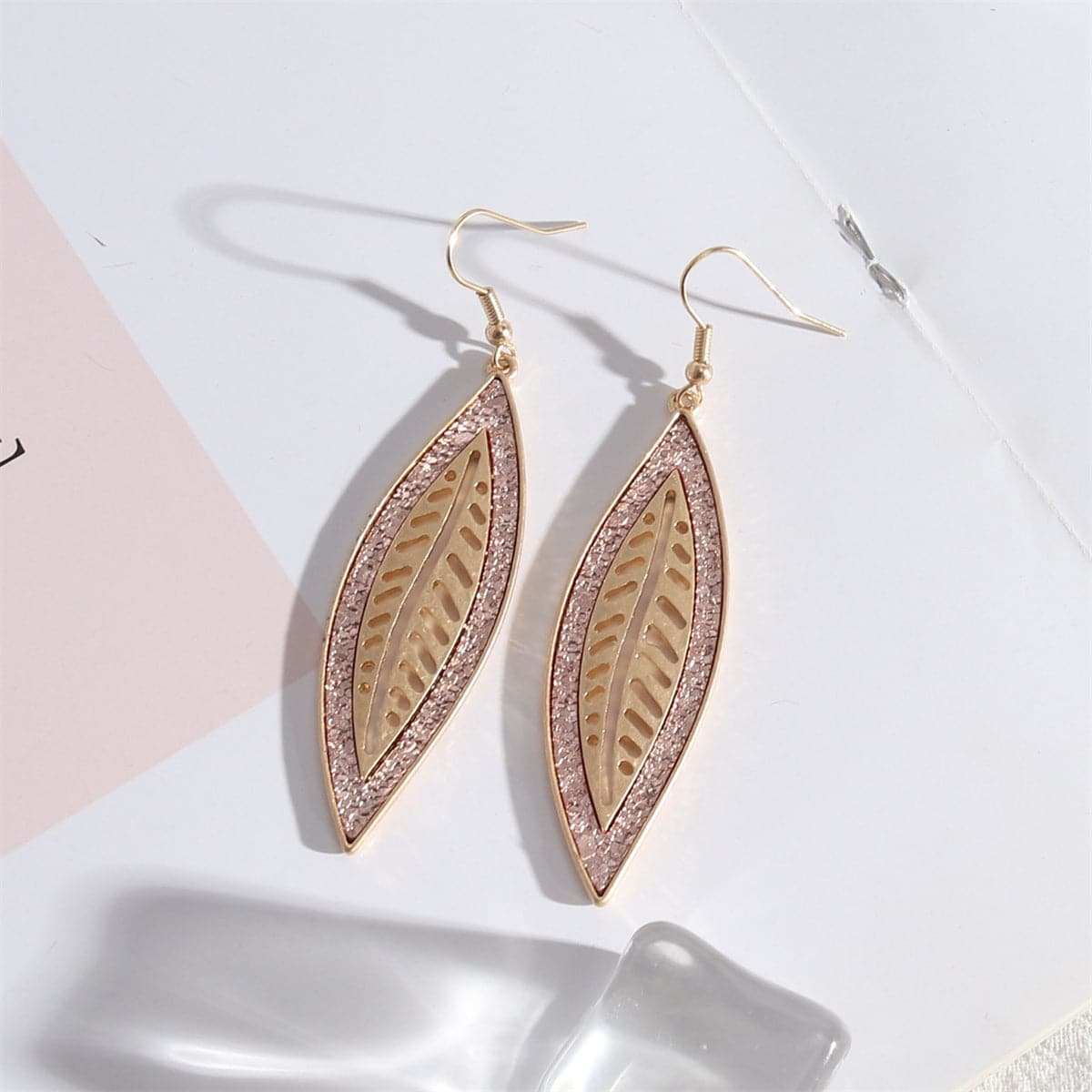 Pink Polyurethane & Goldtone Leaf Drop Earrings