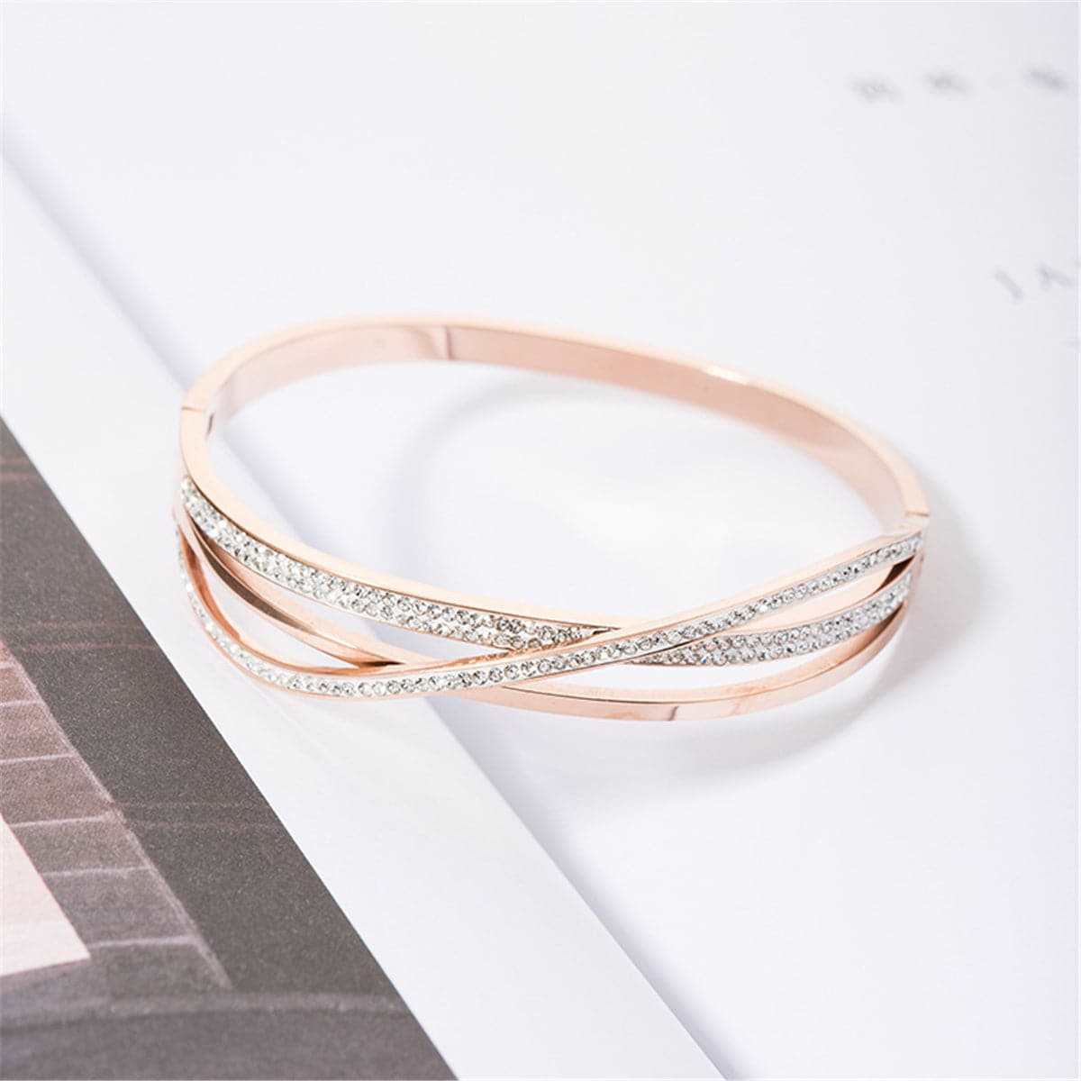 Cubic Zirconia & Rose Goldtone Triple-Cross Bangle