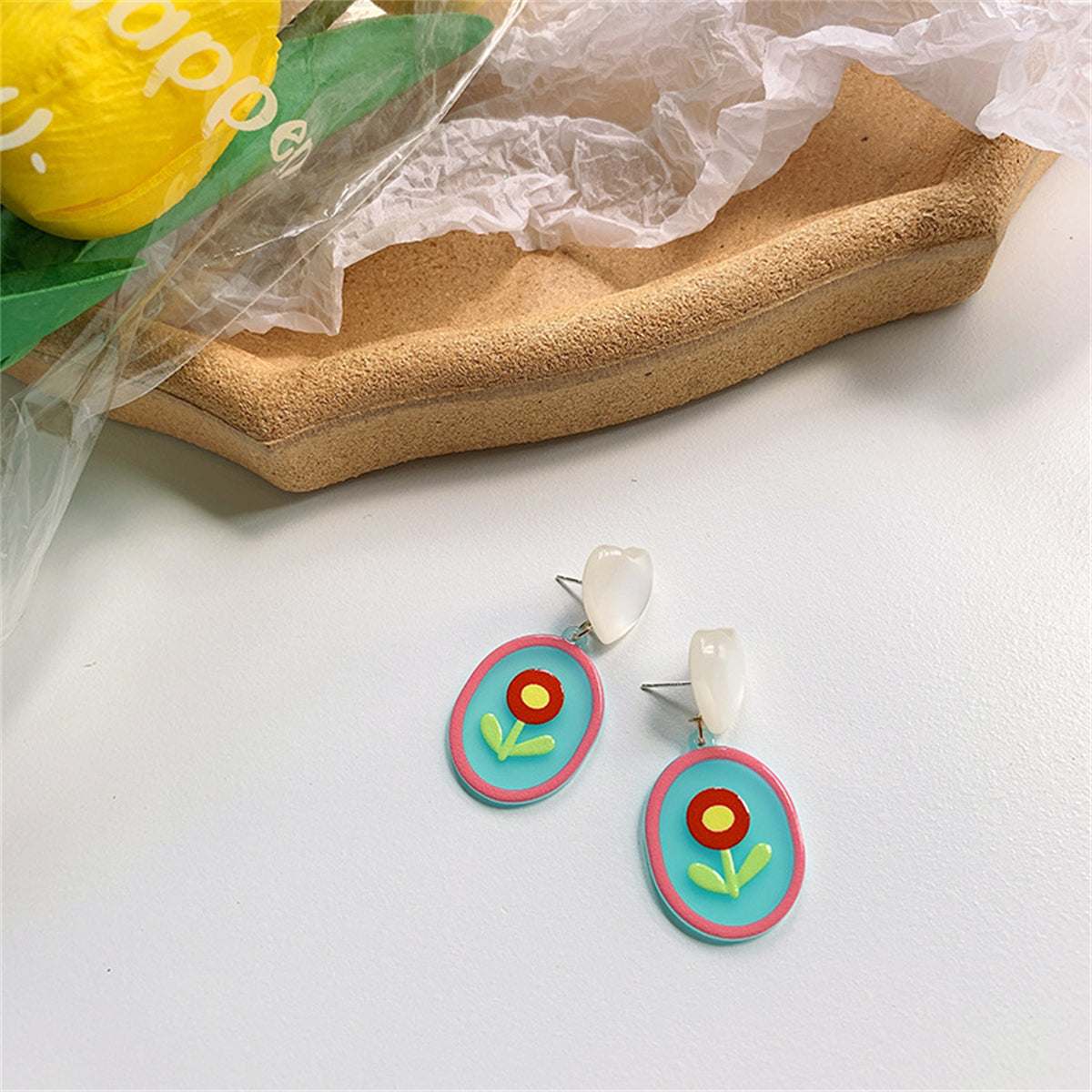 Clear Cat Eye & Red Acrylic Floral Oval Heart Drop Earrings