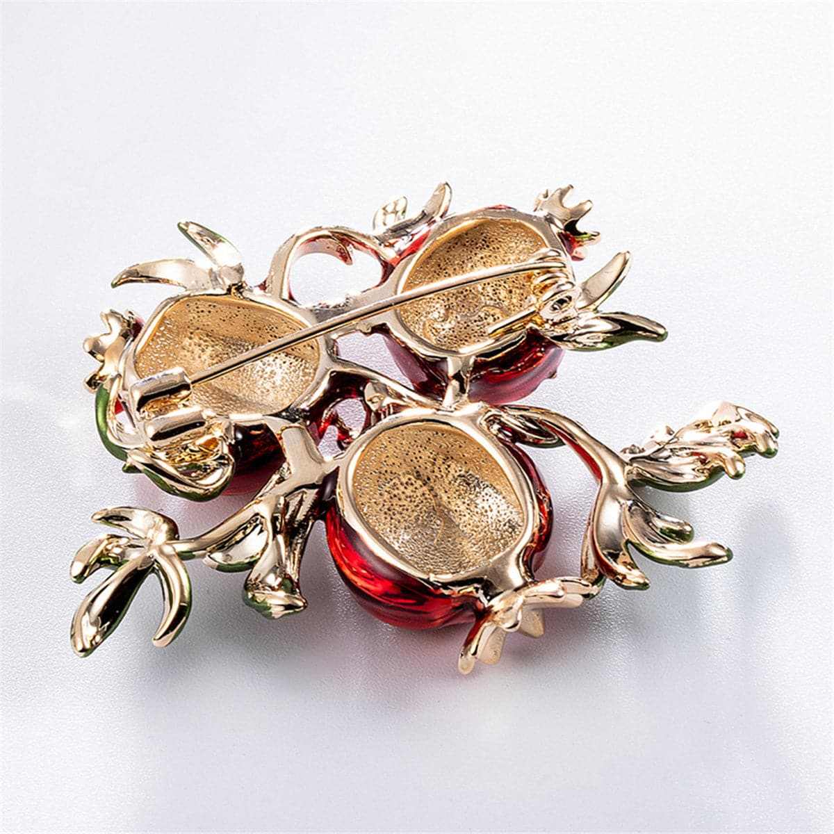 Red & Green Goldtone Pomegranate Brooch