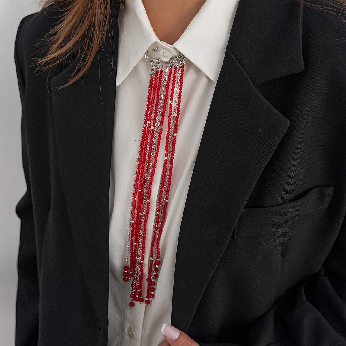 Red & Clear Acrylic Silvertone Tassel Pin Brooch