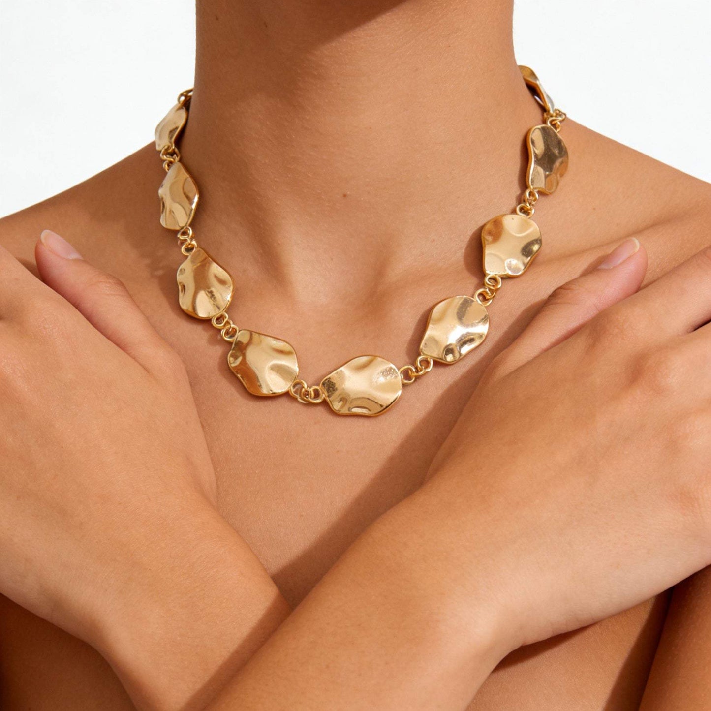 Goldtone Wrinkled Irregular Charm Collar Necklace