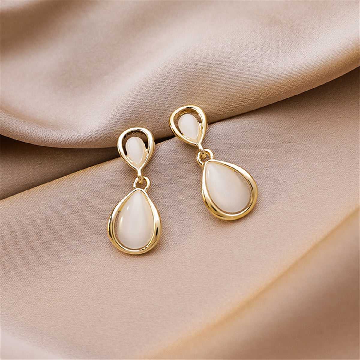 Cat's Eye & Goldtone Teardrop Drop Earrings