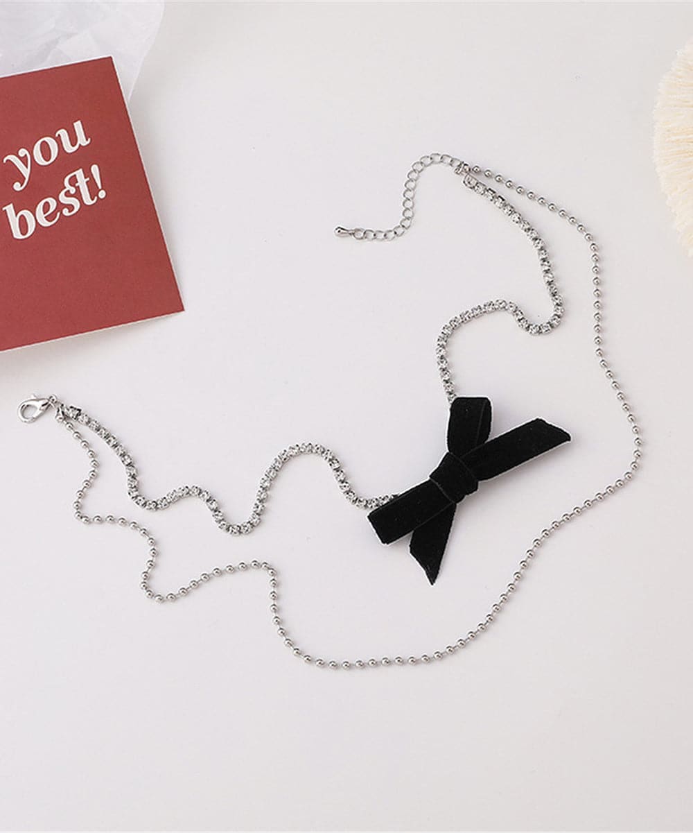 Cubic Zirconia & Silvertone Bow Layered Necklace