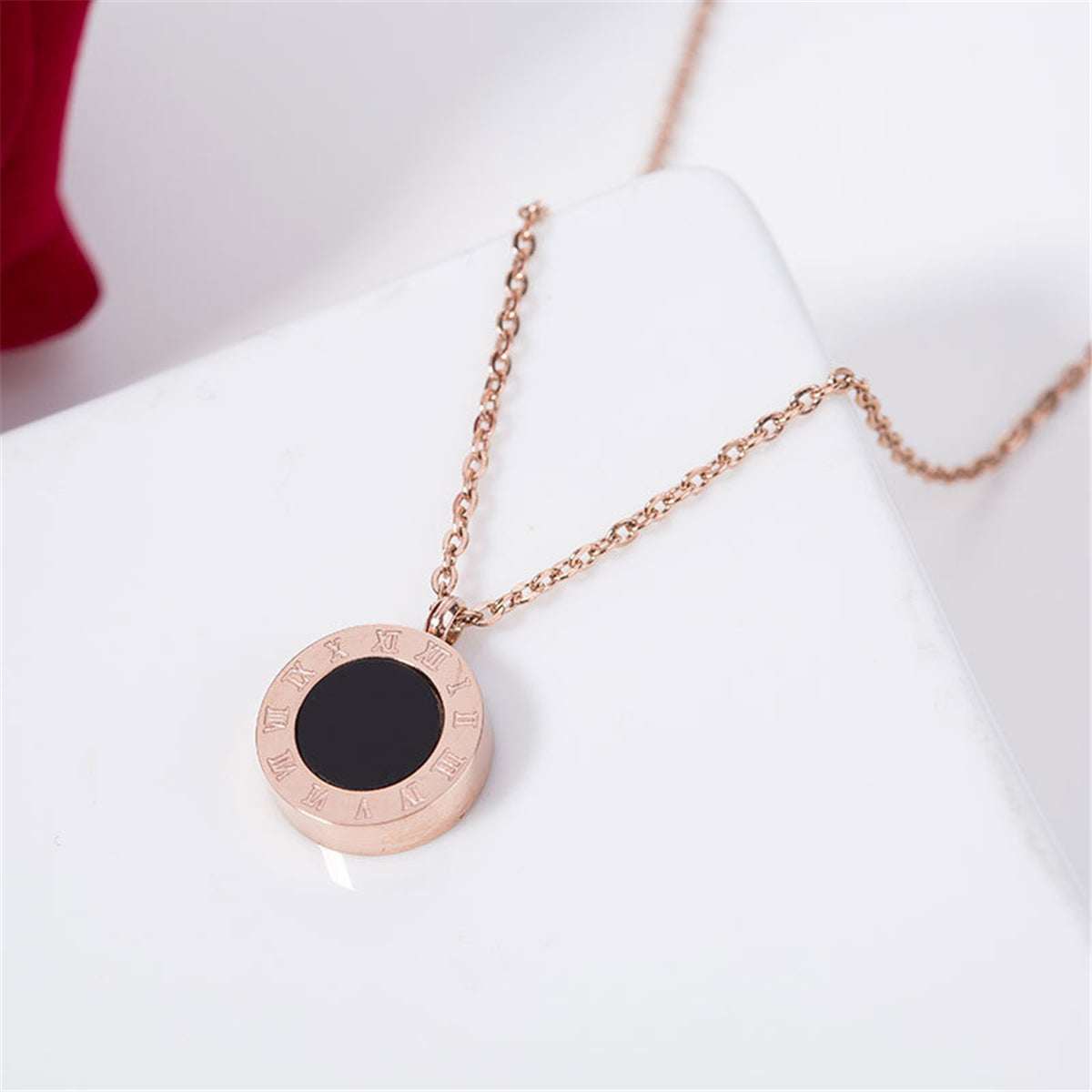 Black & Rose Goldtone Roman Numeral Pendant Necklace