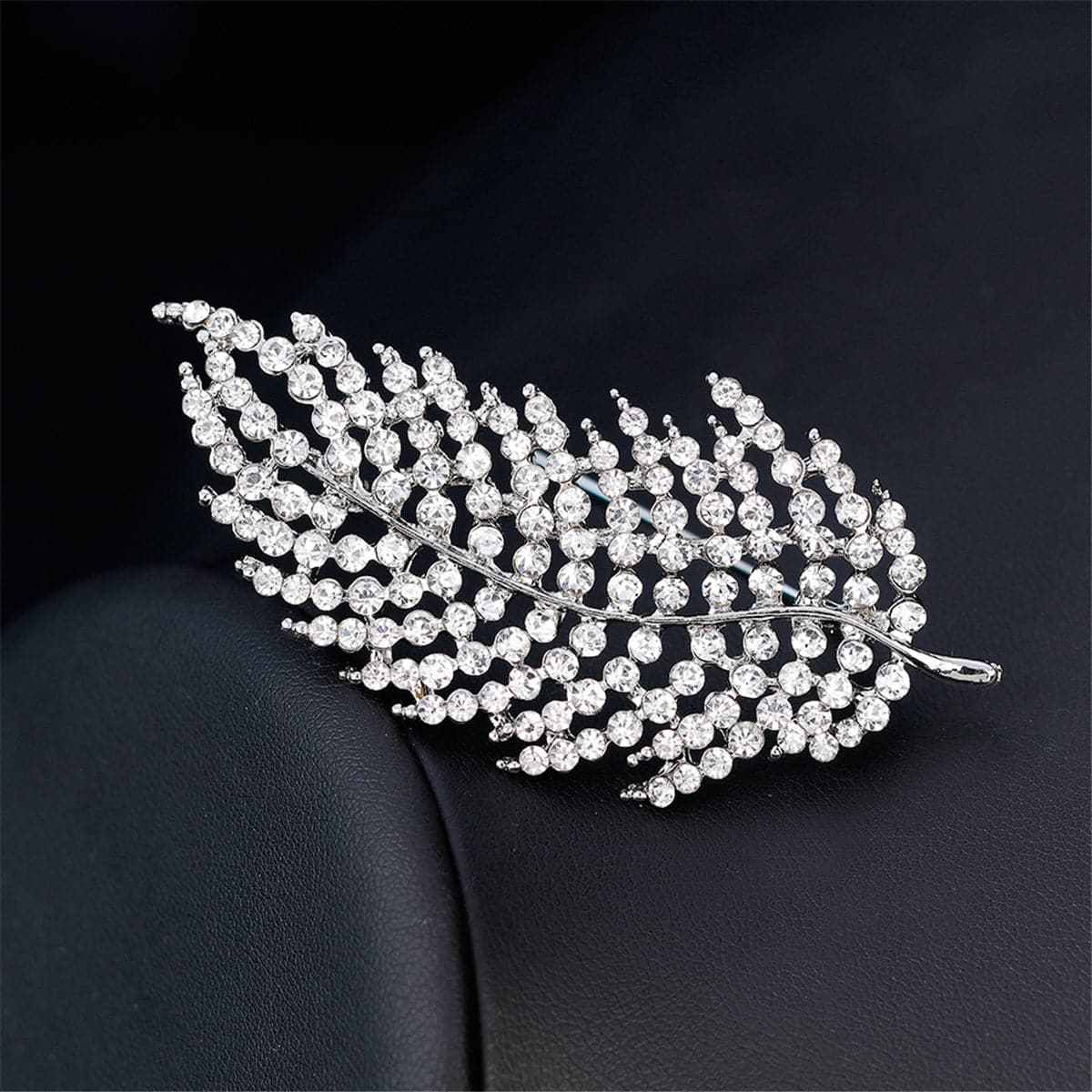 Cubic Zirconia & Silvertone Leaf Brooch