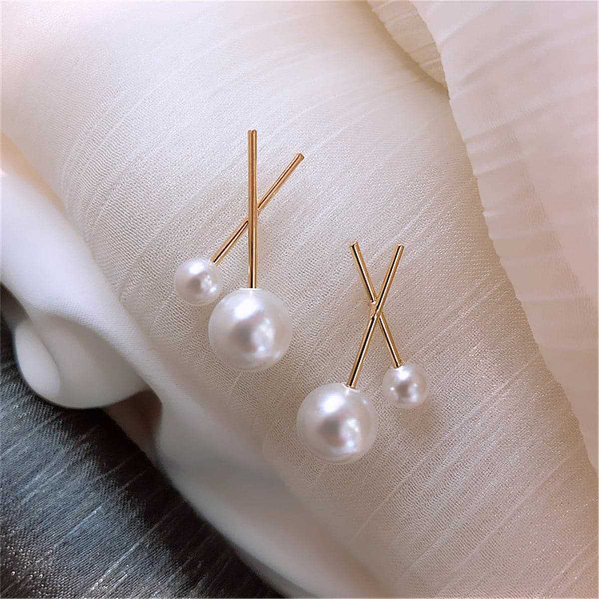 Pearl & Goldtone Cross Stud Earrings