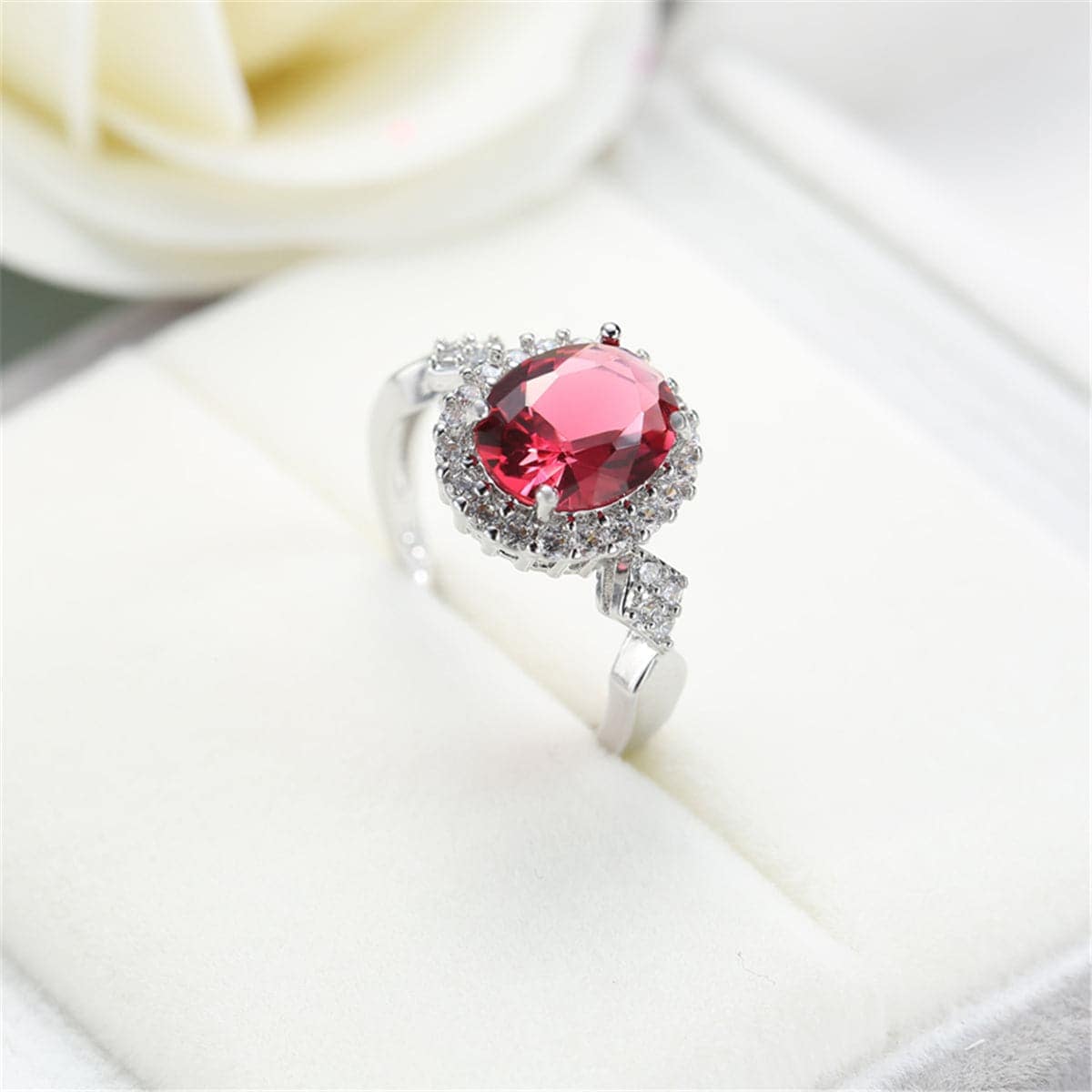 Red Cubic Zirconia & Crystal Halo Oval Ring