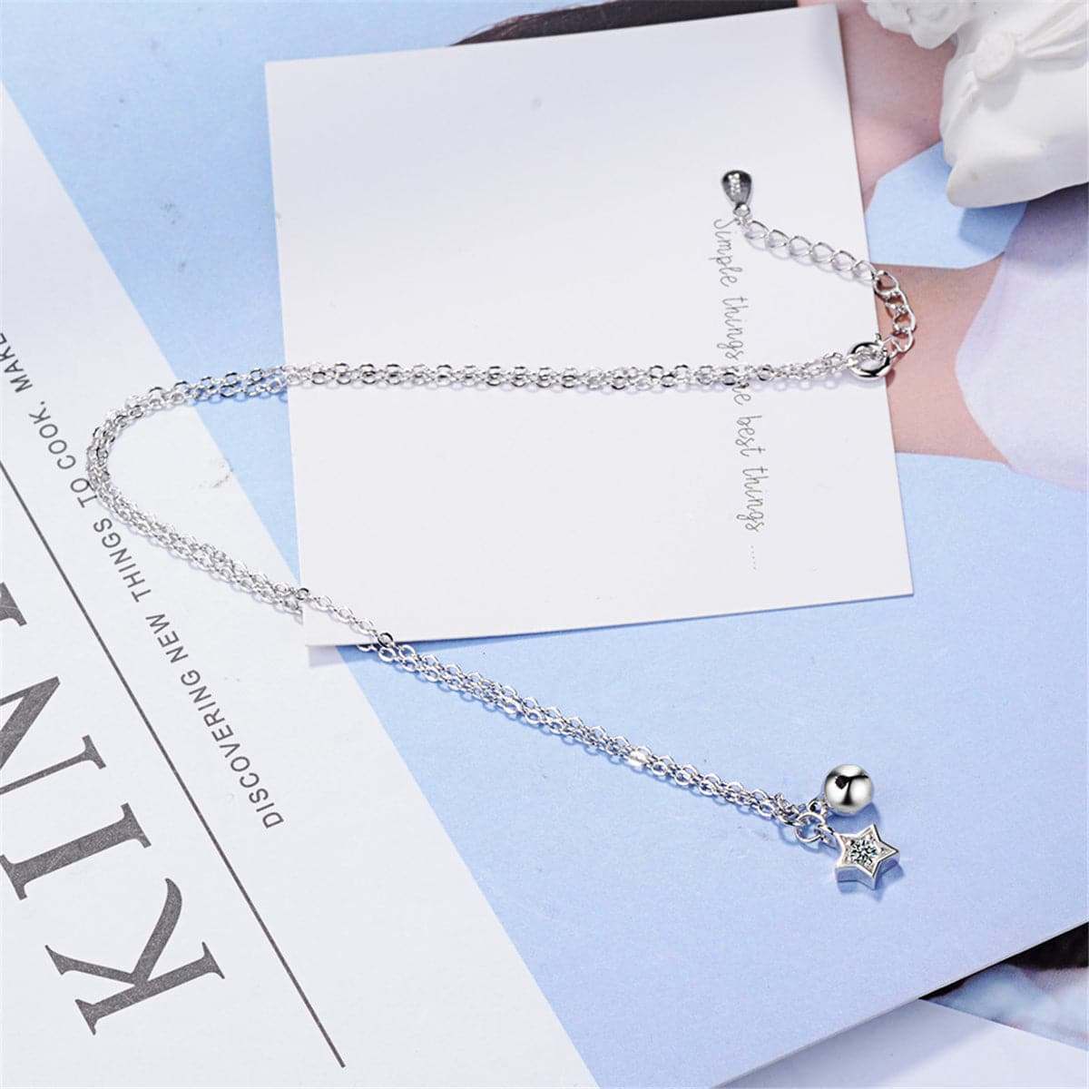 Cubic Zirconia & Silvertone Star & Bead Pendant Necklace