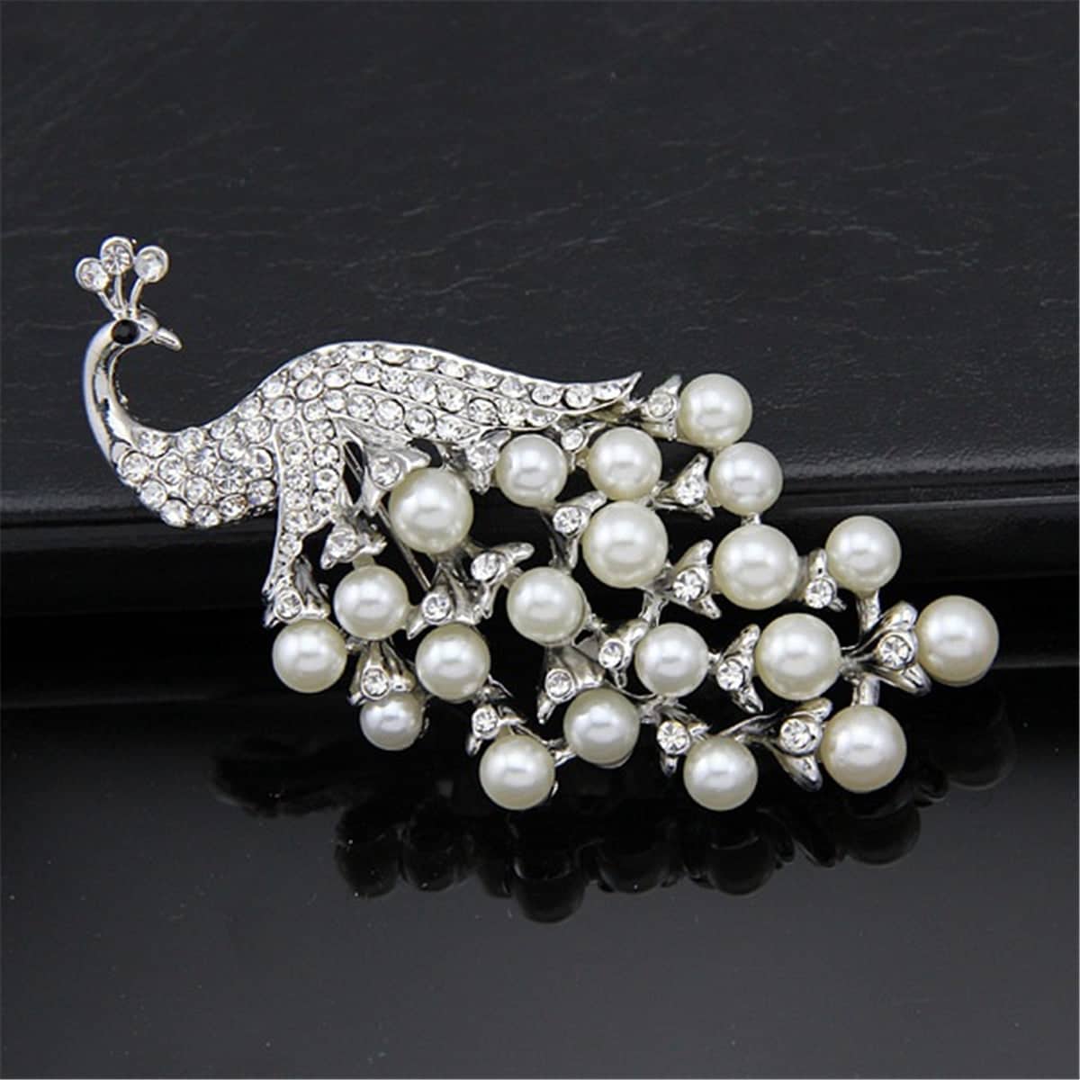 Pearl & Cubic Zirconia Silvertone Peacock Pavé-Set Brooch
