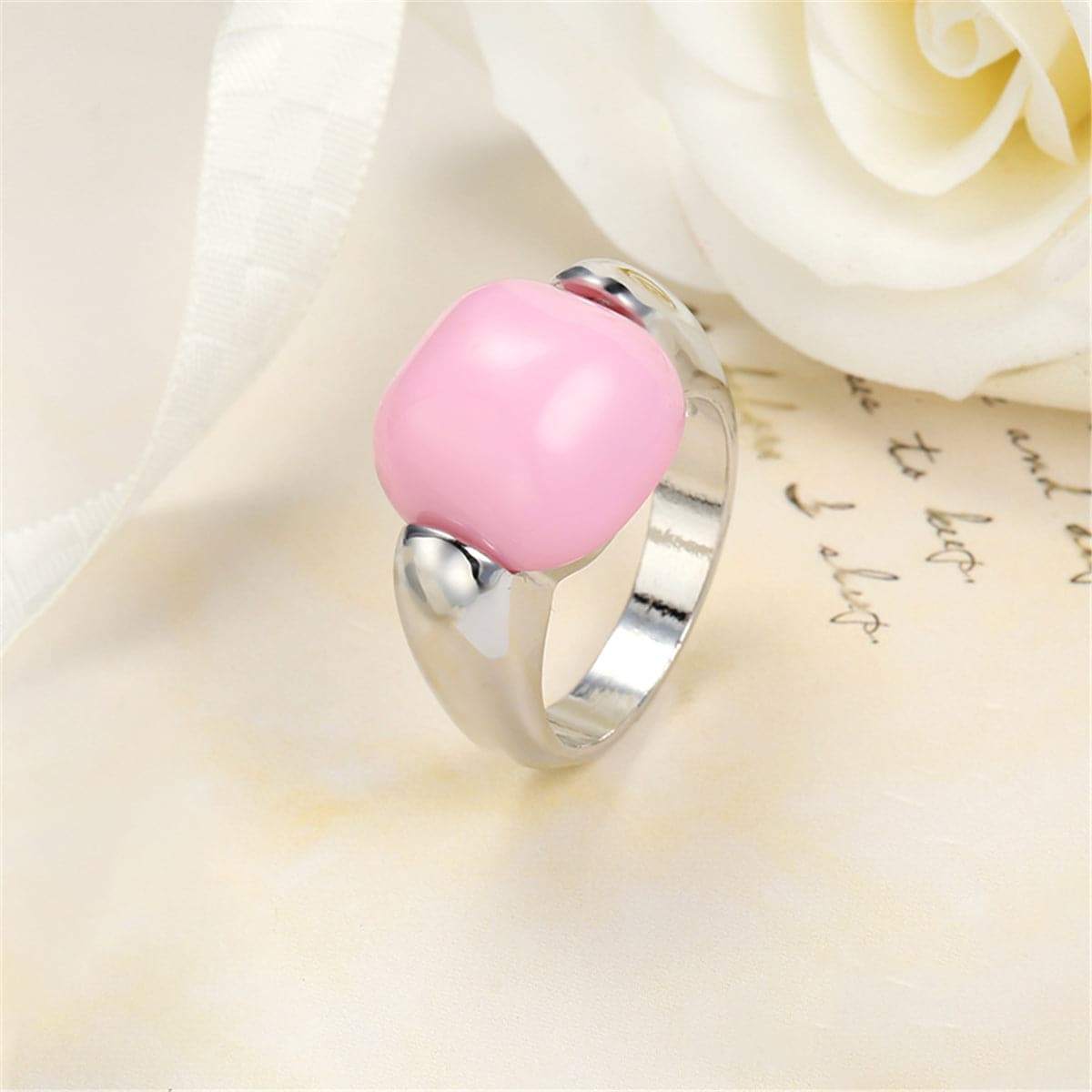 Pink & Silvertone Geometric Statement Ring
