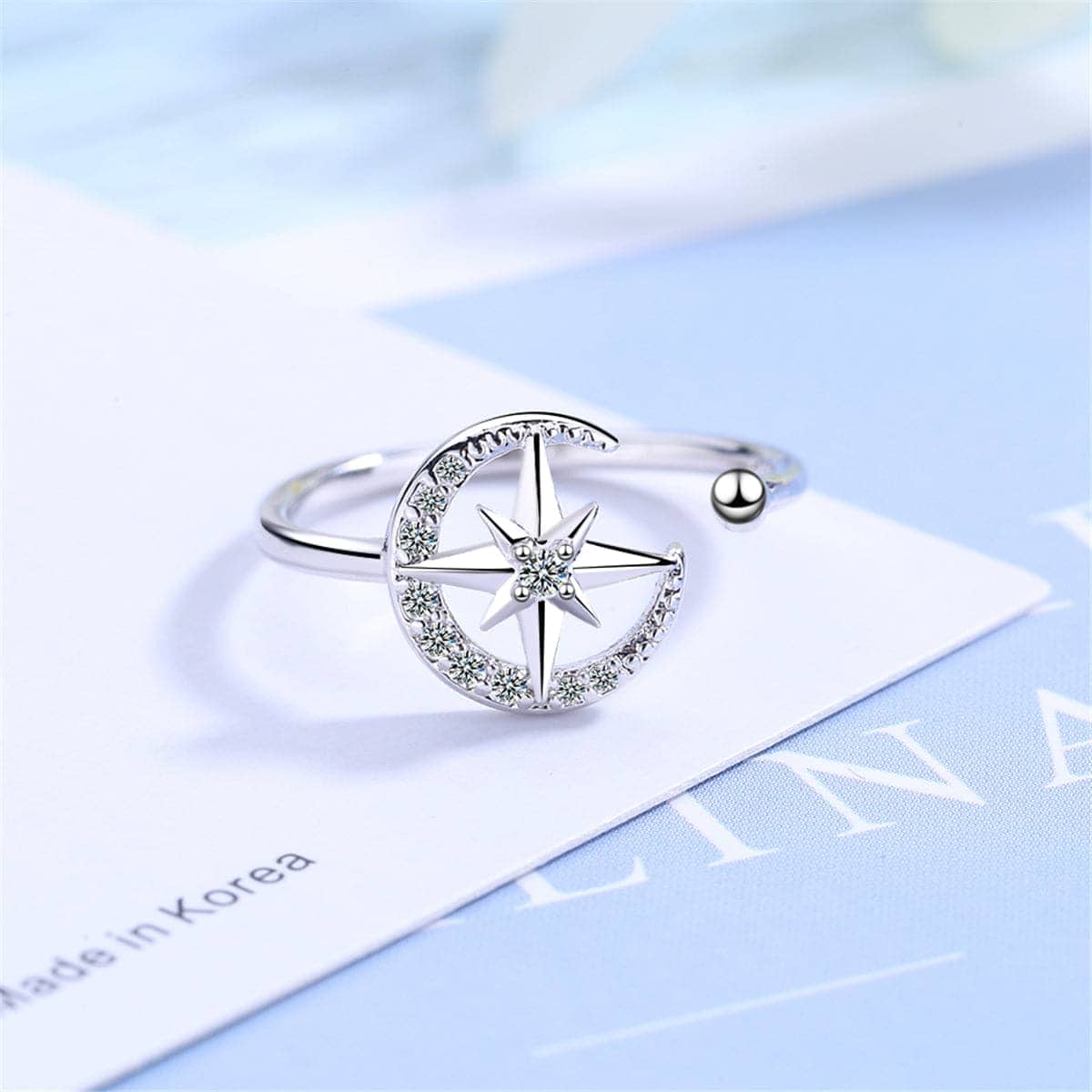Cubic Zirconia & Silvertone Moon & Star Open Ring